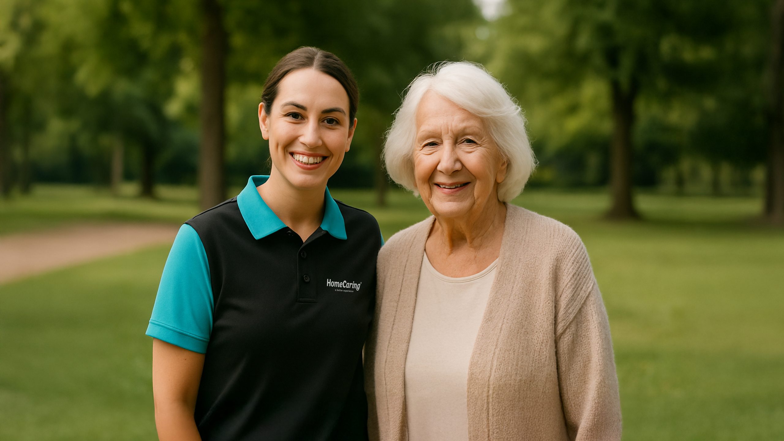 HomeCaring team member smiling with an elderly care recipient in a park