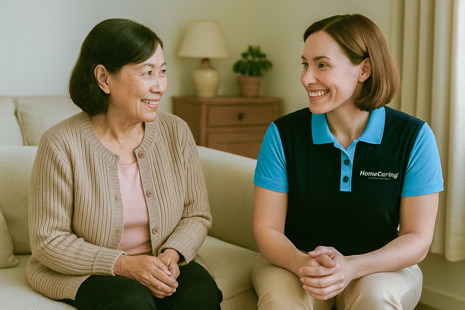 HomeCaring team member sitting with a Vietnamese community team recipient