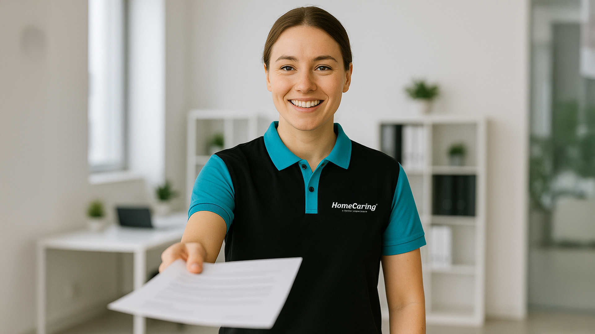 HomeCaring team member handing over a home care package statement